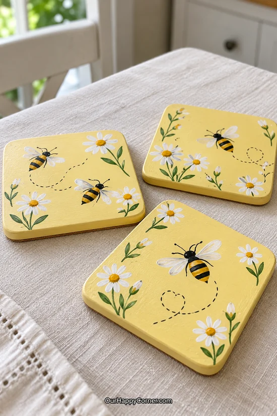 Bee coaster painting ideas with white daisies on pale yellow