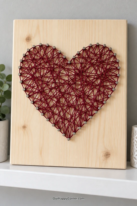 Burgundy heart string art wrapped around silver nails on a pale wood panel