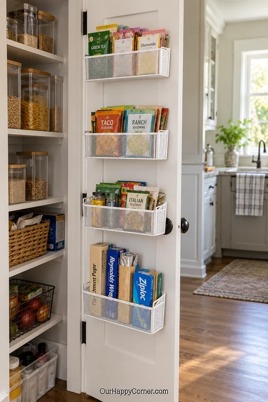 Pantry door baskets holding small food packages