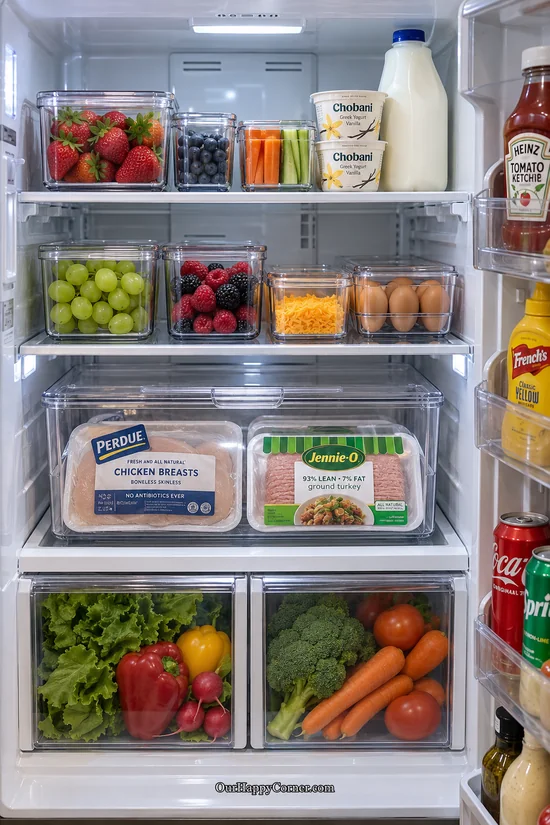 Sealed chicken and turkey packages inside a covered refrigerator containment bin