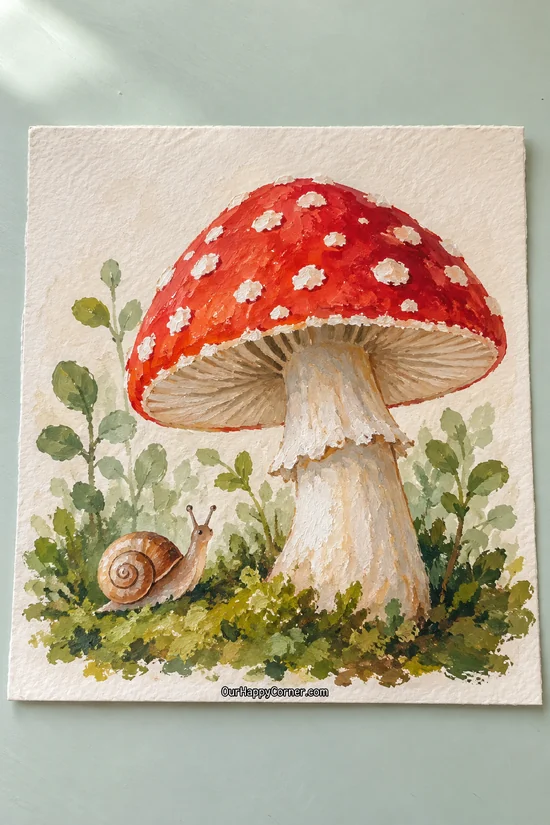 Mushroom painting ideas featuring a little brown snail beside a red toadstool