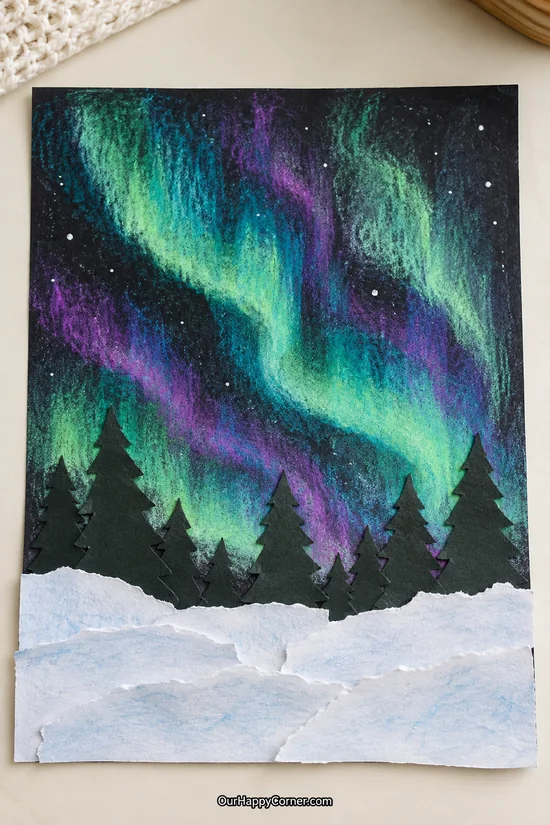 Green and purple chalk pastel northern lights above snowy trees