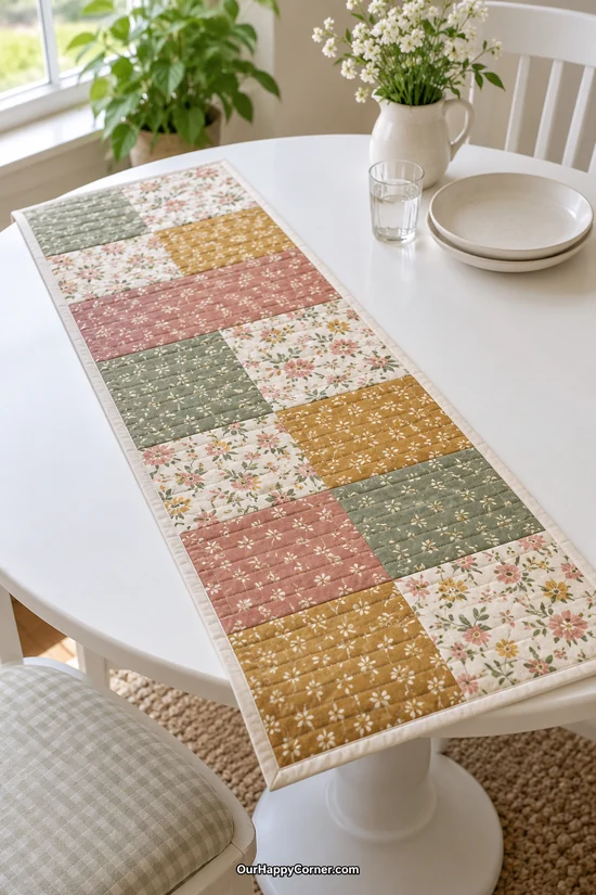 Sage, dusty rose, mustard, and cream patchwork table runner on a white dining table