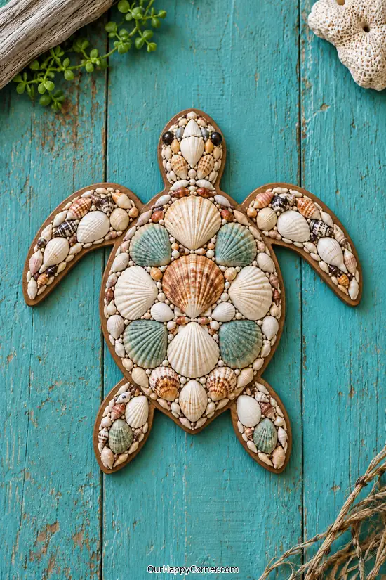 Seashell crafts for adults featuring shell mosaic sea turtle