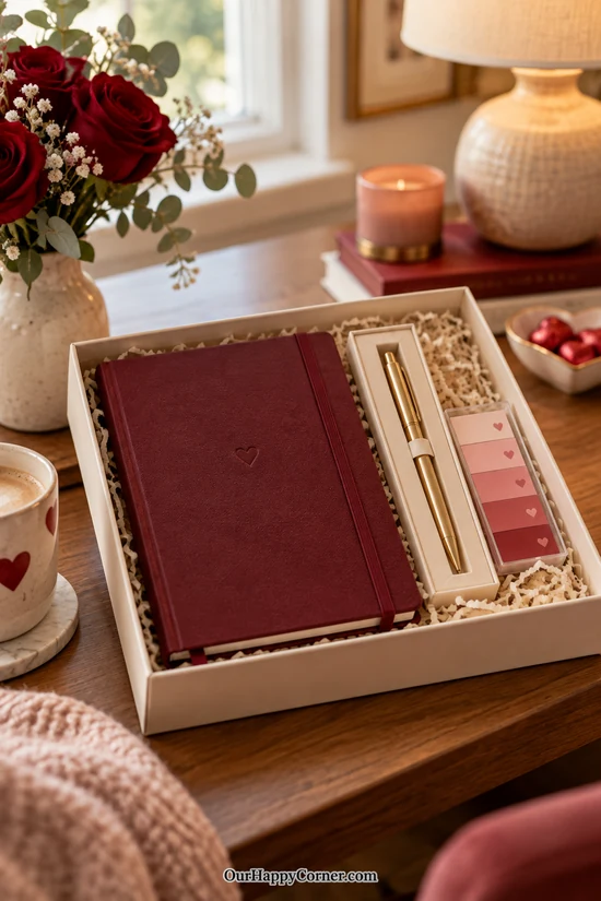 Burgundy journal and gold pen arranged in a Valentine gift box