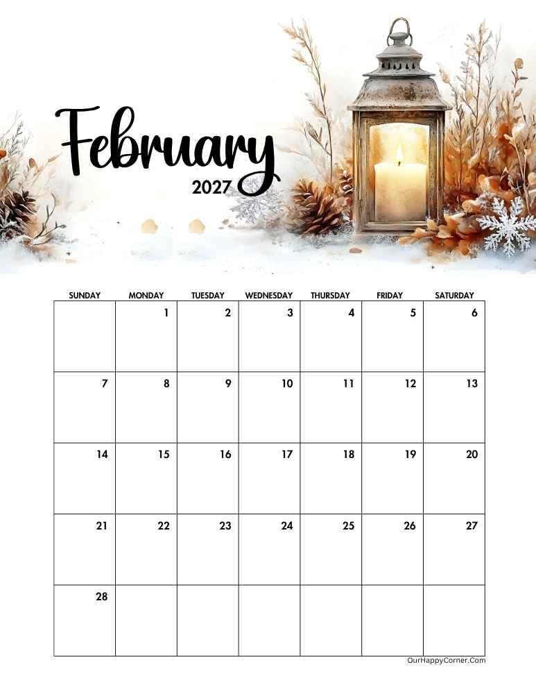 Lit lantern February 2027 calendar printable