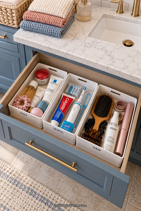 White drawer bins labeled Daily, Dental, and Hair hold mixed products