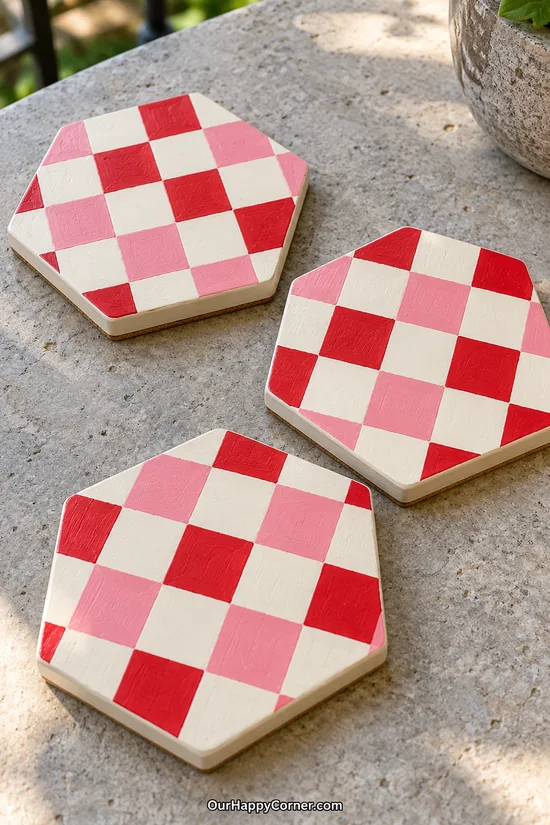 Hexagonal coasters painted with red, pink, and cream checkerboard squares