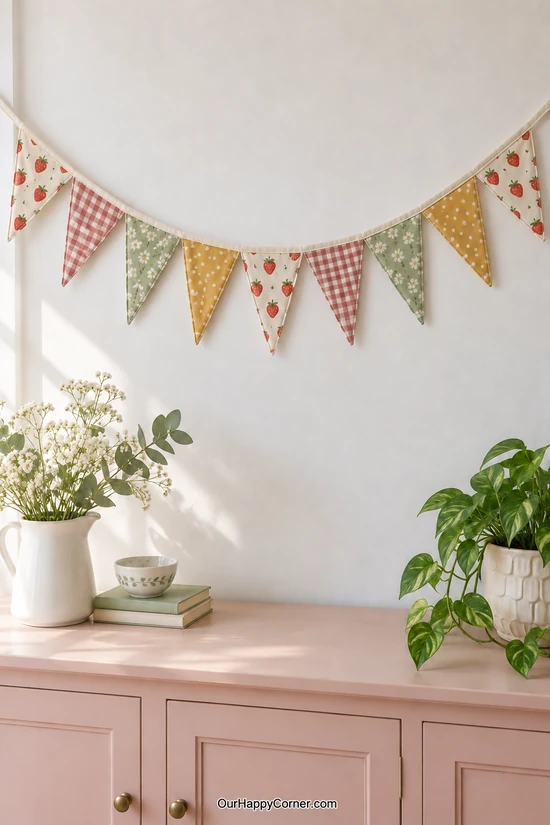 Handmade cotton bunting with strawberry, rose gingham, sage floral, and mustard flags