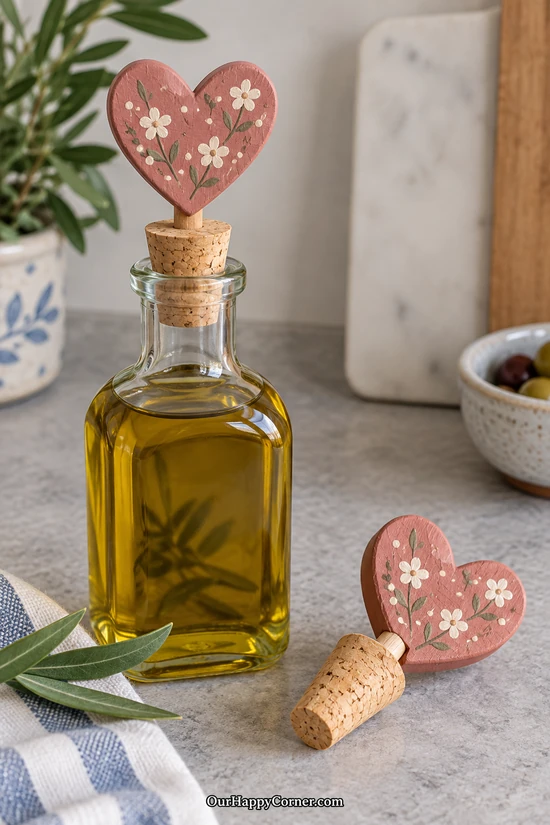 Painted pink wooden heart toppers attached to cork bottle stoppers beside a glass oil bottle