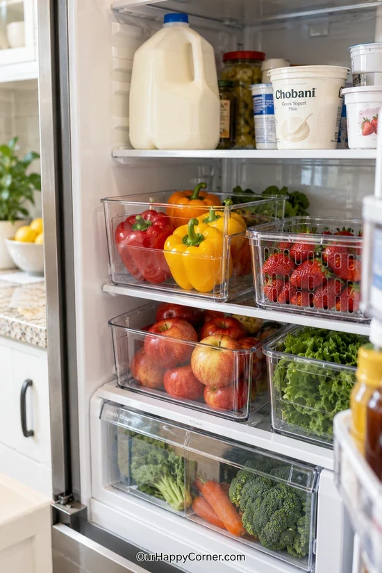 Produce sorted into clear refrigerator bins and drawers