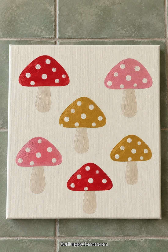 Red, pink, and mustard mushrooms with white spots