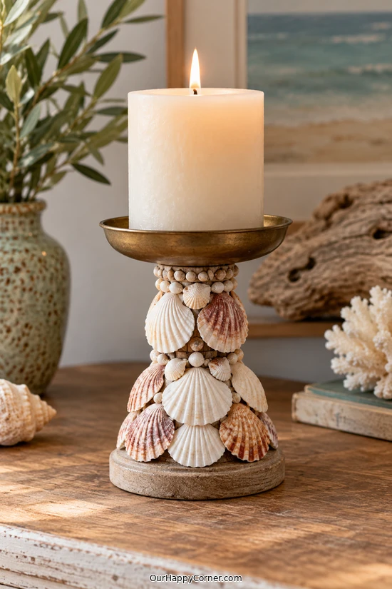 Shell-Embellished Candle Pedestal handmade craft