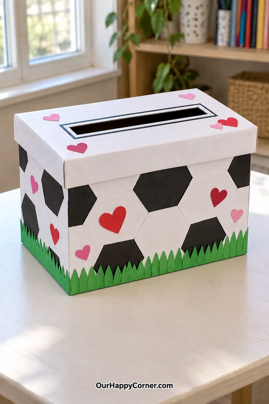 Soccer patterned shoebox with hearts and paper grass