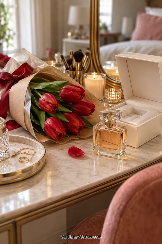Perfume bottle and wrapped red tulips on a bedroom vanity