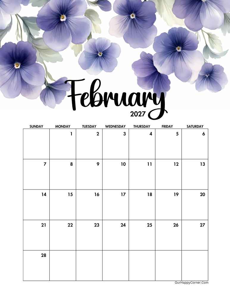 Floral February 2027 calendar printable