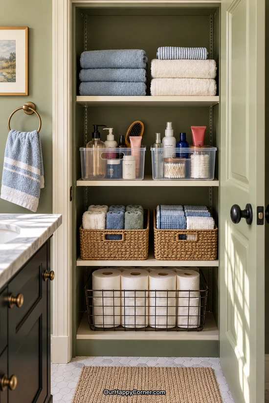 Bathroom organization with towels, toiletries, and baskets in an olive linen closet