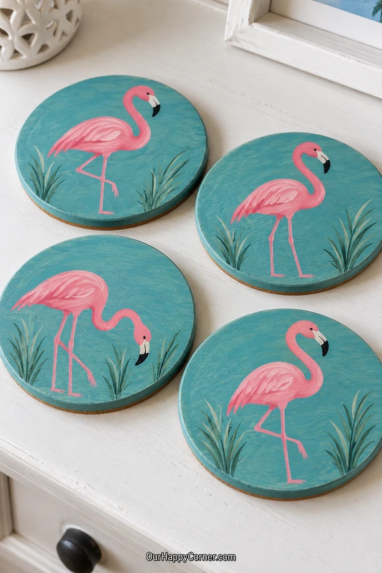Flamingo coaster painting ideas with pink birds on turquoise backgrounds