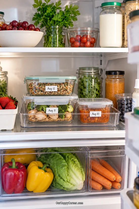 Dated leftover containers arranged neatly on a refrigerator shelf