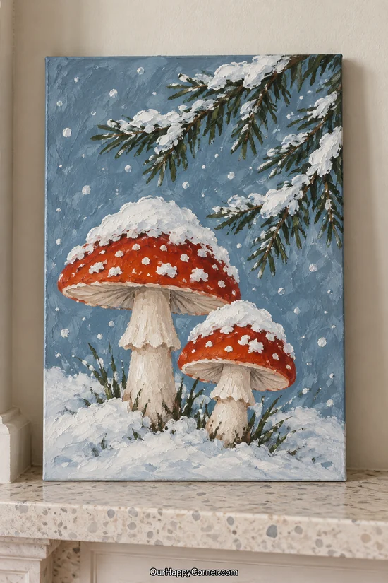 Mushroom painting ideas featuring snow-covered red toadstools under evergreen branches