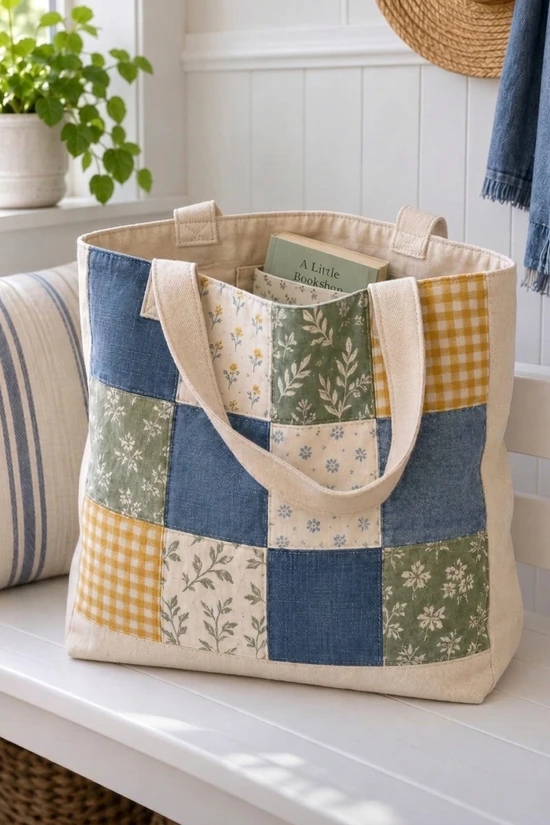 Fabric scraps ideas to sew and sell: blue, sage, and mustard tote with handles draped down