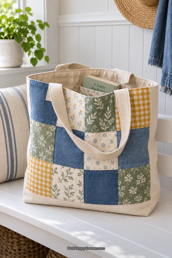 Fabric scraps ideas to sew and sell: blue, sage, and mustard tote with handles draped down