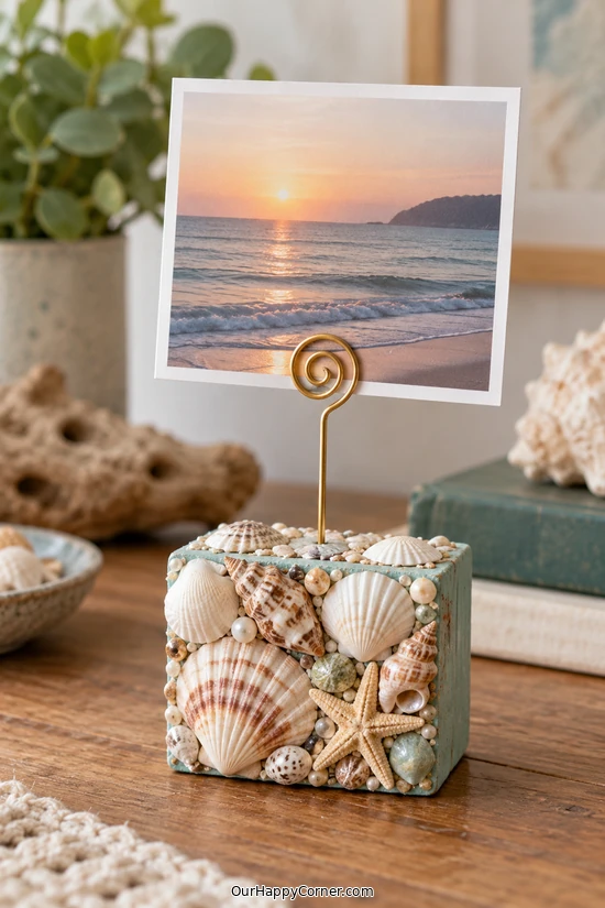Seashell crafts for adults featuring shell mosaic photo clip stand