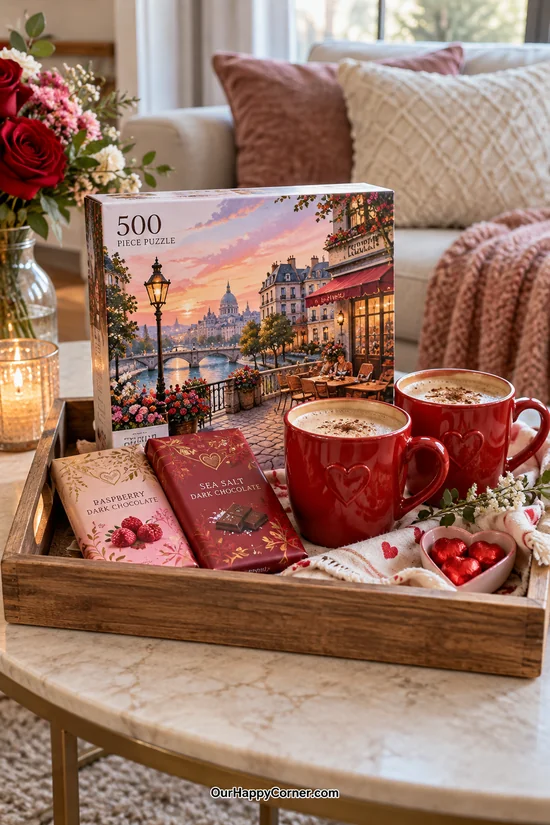Jigsaw puzzle, chocolate, and two mugs arranged on a tray