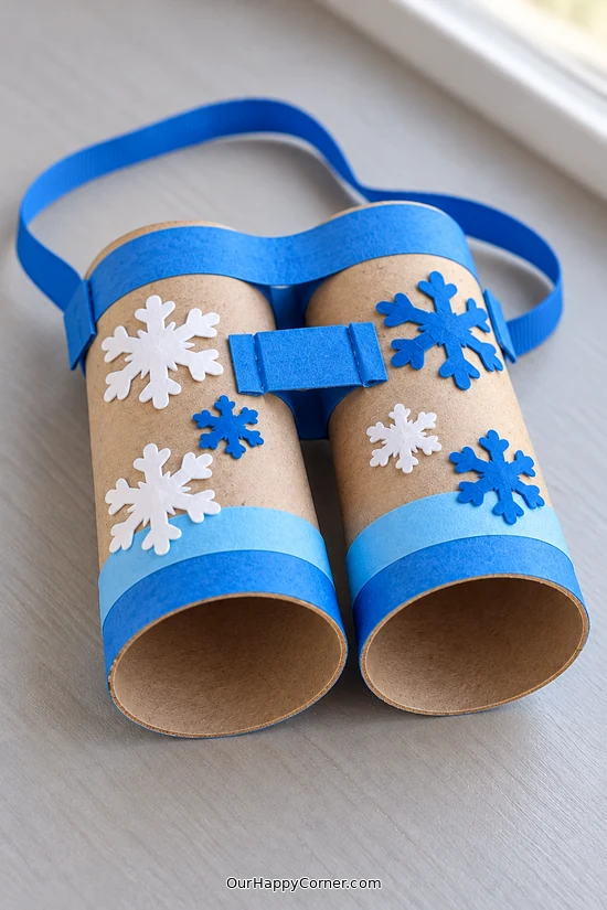 Winter crafts for kids with snowflake binoculars and blue strap