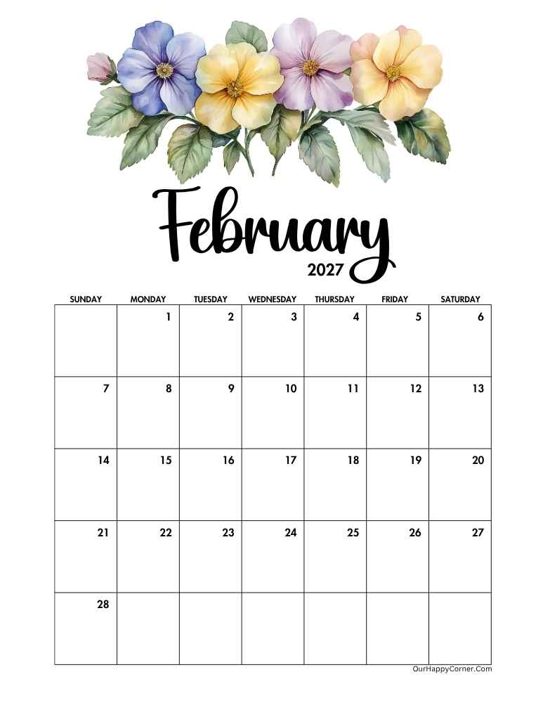 Floral February 2027 calendar printable