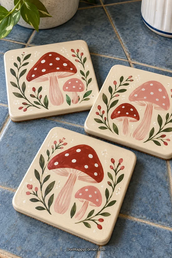 Ivory square coasters painted with red mushrooms and green leafy sprigs