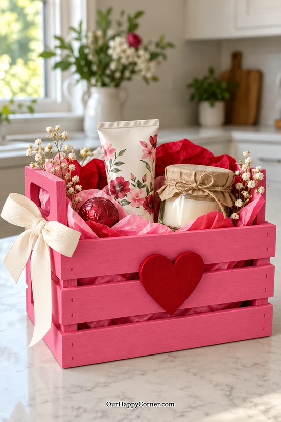 Bright pink wooden gift crate with a cherry red heart, ivory bow, hand cream, candle, and wrapped chocolate