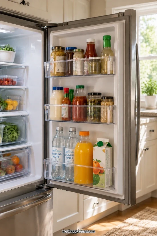 Refrigerator door shelves organized by condiment category