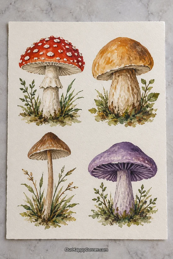 Four separate red, ochre, brown, and purple mushroom studies