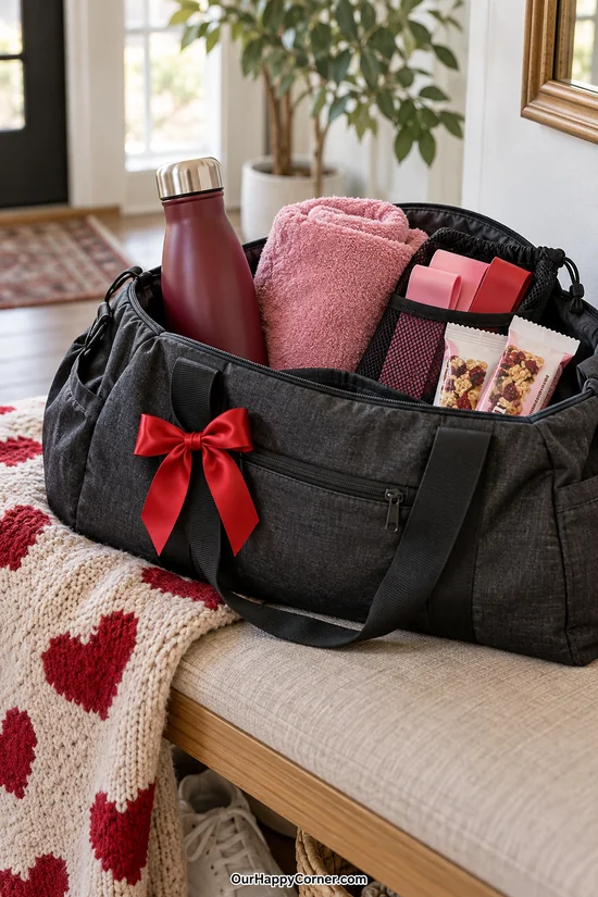 Gym tote with a water bottle, towel, resistance bands, and snacks