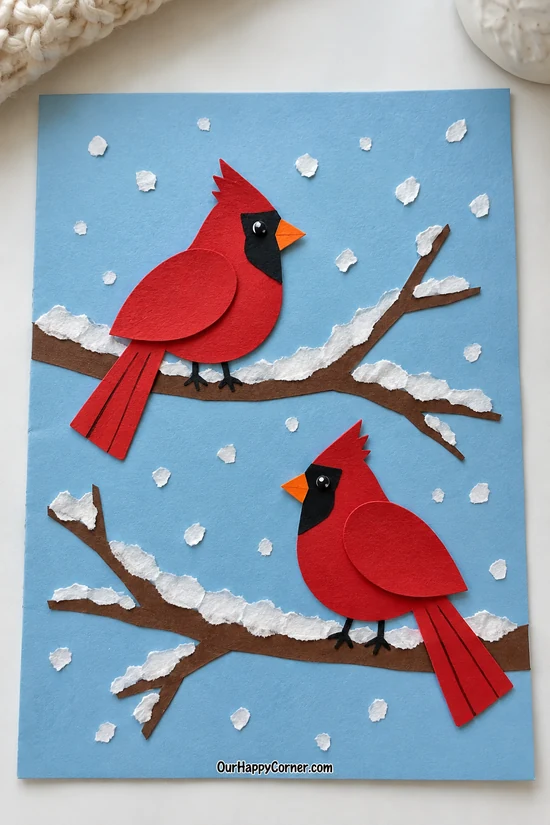 Red paper cardinals perched on snowy branches winter crafts for kids