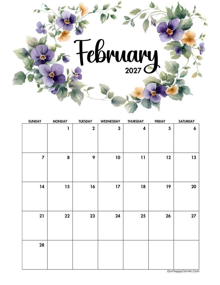 Floral February 2027 calendar printable