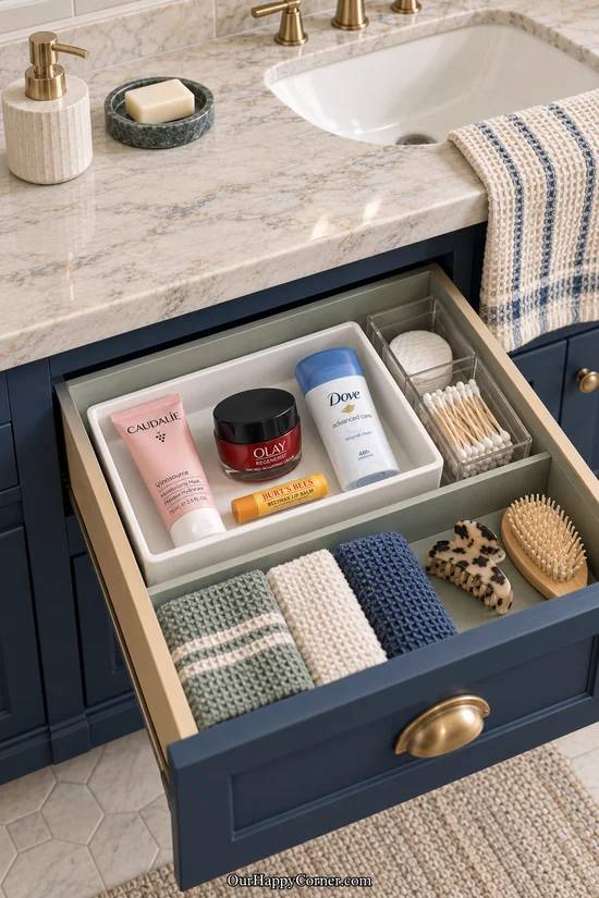 Bathroom organization with a small removable skincare tray in a navy drawer
