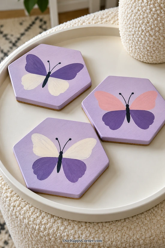 Butterfly coaster painting ideas on lilac hexagonal wooden blanks