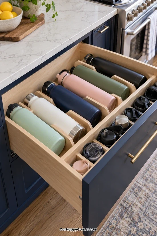 Water bottles stored sideways in divided drawer compartments