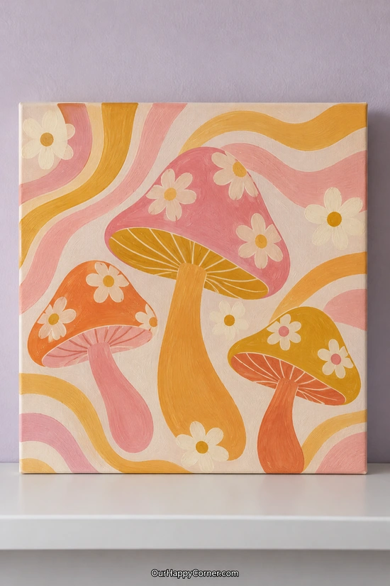Mushroom painting ideas featuring pink and orange mushrooms with cream daisies and waves
