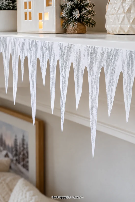 White paper icicle garland shaded with silver crayon winter crafts for kids