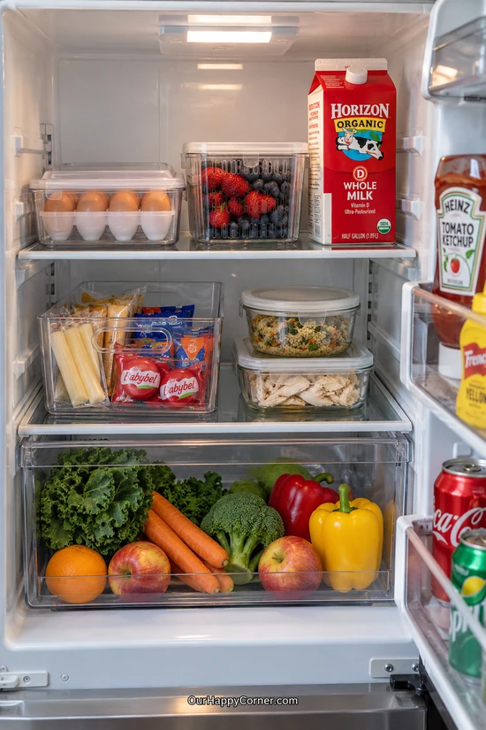 Compact refrigerator with two shelves, small organizers, and one produce drawer