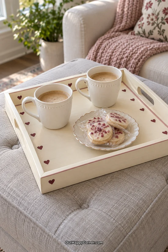 Ivory wooden tray with burgundy hearts holding two coffee mugs and a plate of wrapped cookies