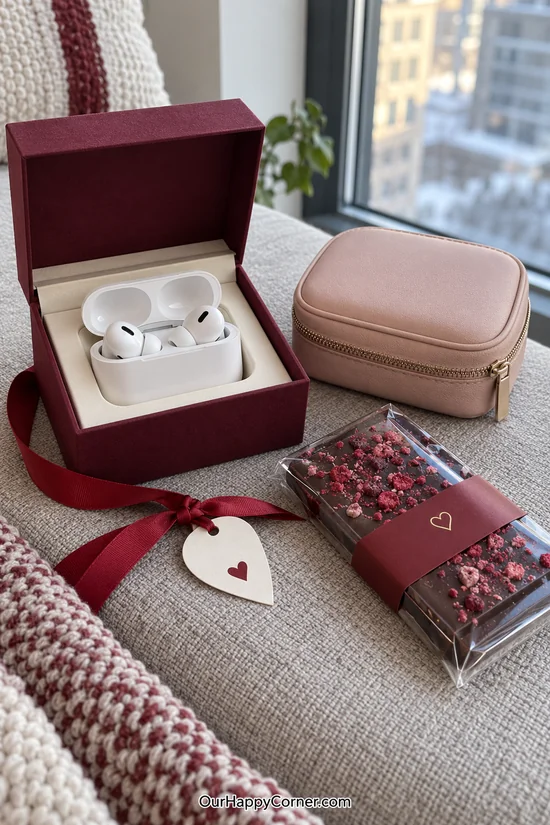 Wireless earbuds in a Valentine gift box beside a small travel pouch