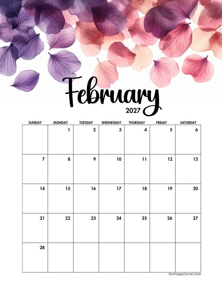 Floral February 2027 calendar printable