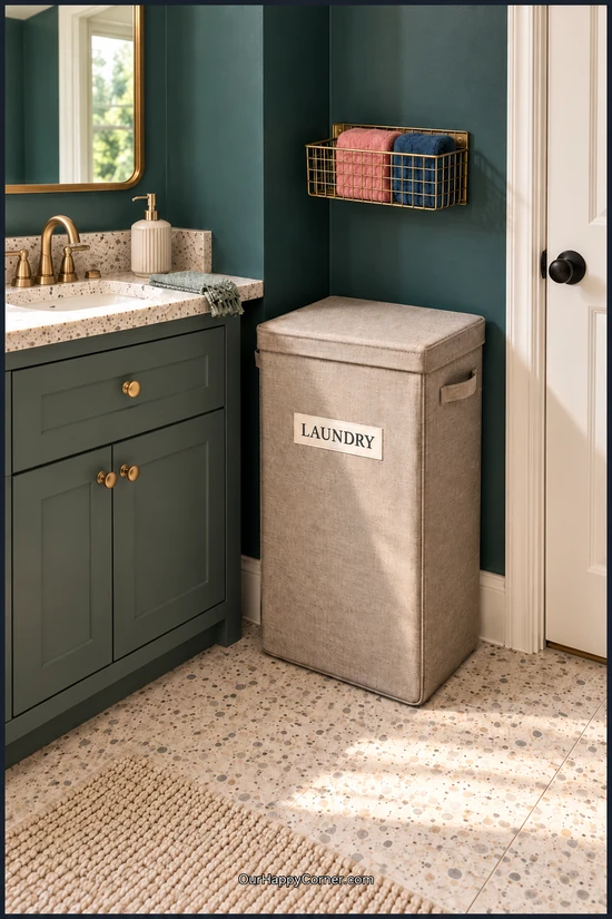A lidded laundry hamper beside a green vanity and teal wall