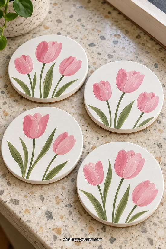 Ivory round coasters painted with three pink tulips and green leaves