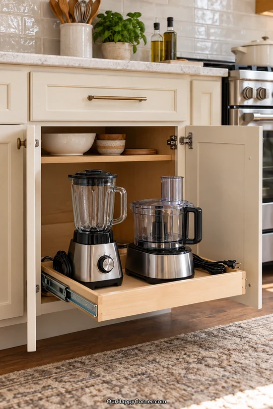 Blender and food processor on a cabinet pull-out shelf
