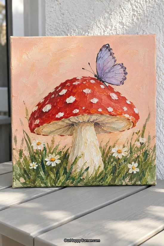 A lilac butterfly resting on a red mushroom